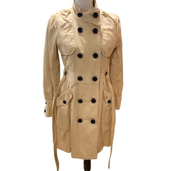 Tulle | Anthropologie Trenchcoat Woman Puff Sleeve Tan Black Buttons Belt S, NWT - Picture 1 of 11